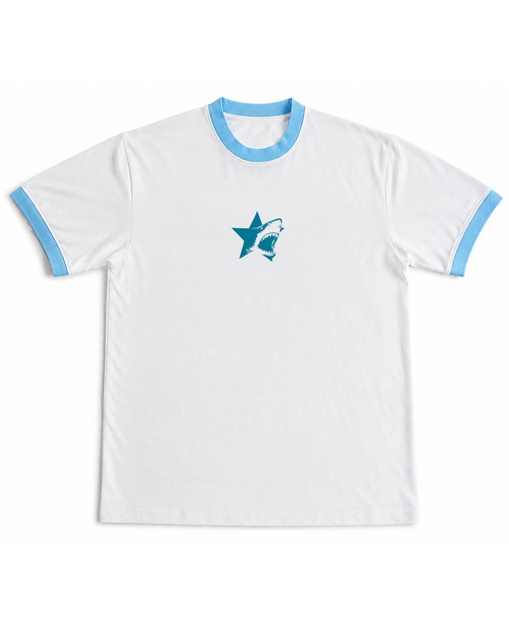 White & Sky Blue Ringer tee Front Design