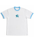 White & Sky Blue Ringer tee Front Design