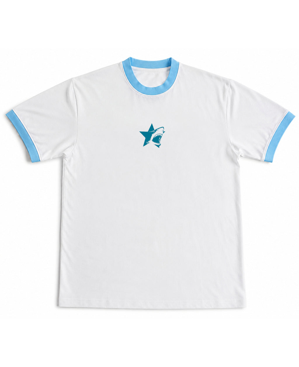 White & Sky Blue Ringer tee Front Design