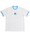 White & Sky Blue Ringer tee Front Design